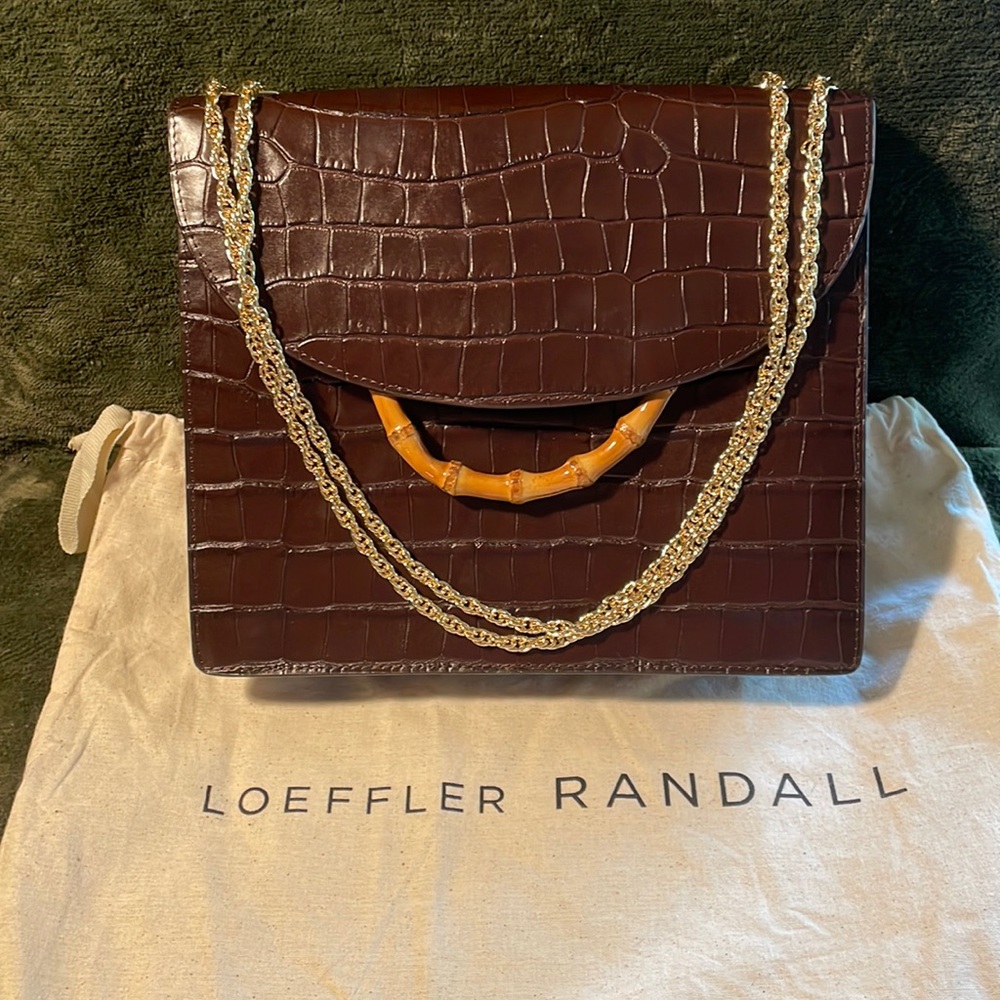 Loeffler Randall brown alligator bag with gold chain
